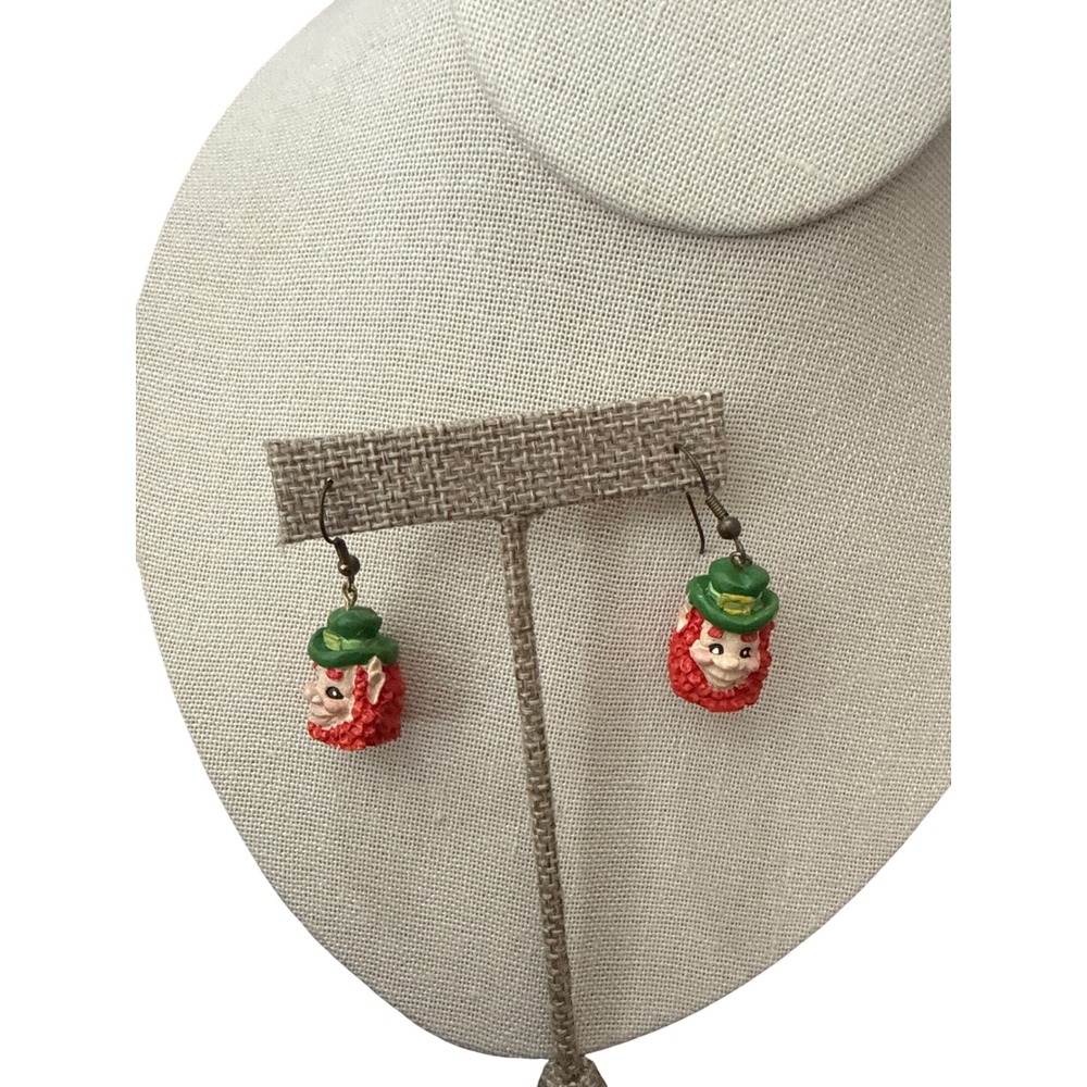 Vintage Leprechaun Head Drop Earrings St Patricks Day Green Hat Red Beard Irish